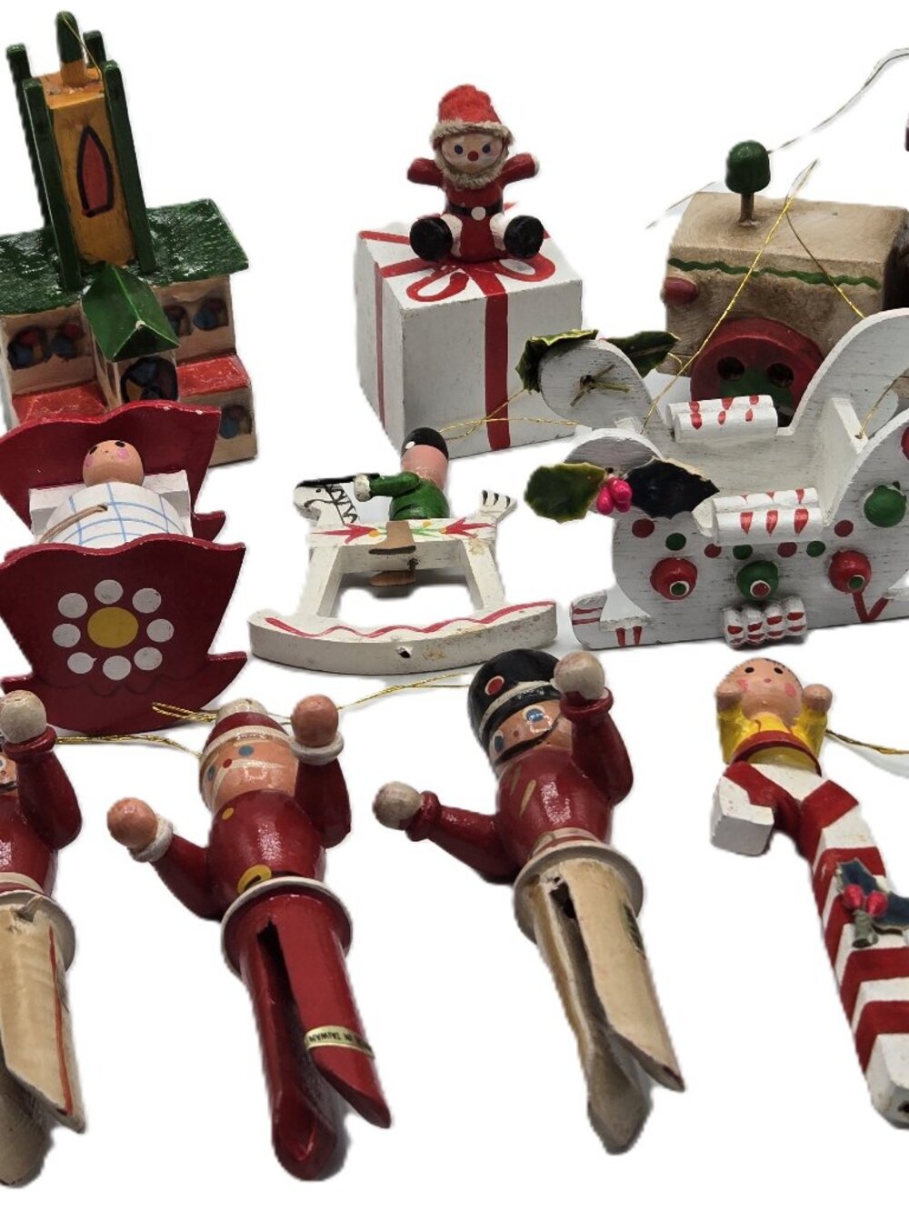 10 Assorted Vintage Wooden Figurines Ornaments Christmas Holiday Train Church